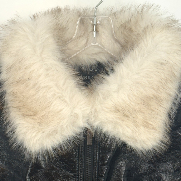 Unreal Fur Aviator Jacket Small Black Bomber Vegan Wet Look Leather Fur Collar - Picture 7 of 14